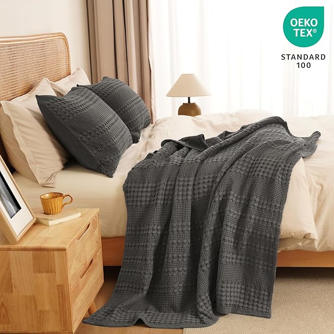 PHF 100% Cotton Waffle Weave Throw Blanket, Soft Lightweight Breathable Cozy Throws for Couch Bed Sofa, Luxury Aesthetic Woven Blanket for Home Decor & Office, 50"x60", Charcoal Grey