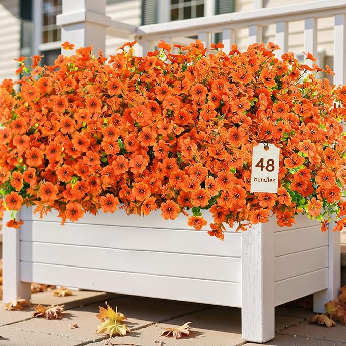 SHareconn 48 Bundles Artificial Fall Flowers for Outdoors Decoration, UV Resistant Silk Eucalyptus Lavender Faux Autumn Fake Plants for Outside Indoor Garden Yard Porch Home Decor, Orange