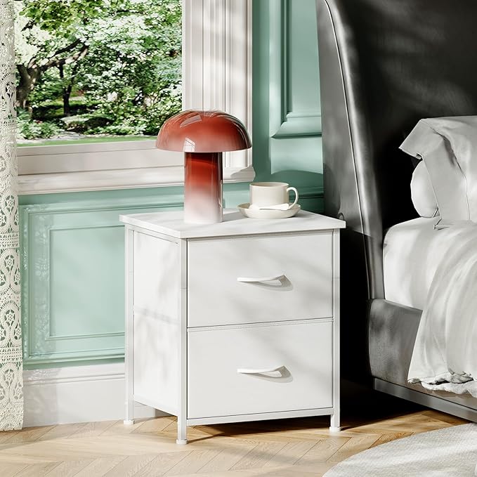 Somdot Nightstand, Small Dresser for Bedroom with 2 Drawers, Bedside Table Night Stand End Table with Fabric Bins for Bedroom Kids Closet Dorm Guest Room, White Leather