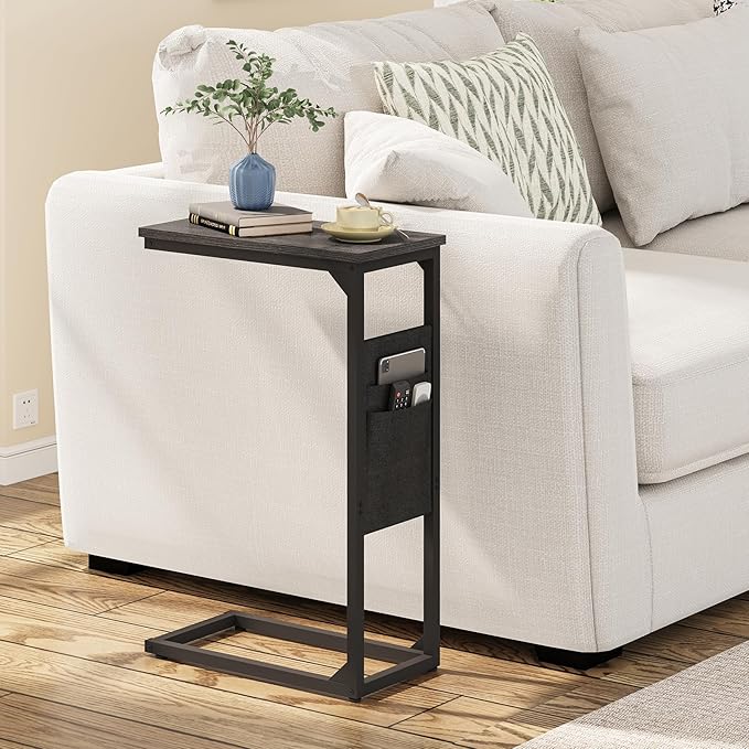 TUTOTAK C Shaped End Table, Side Table for Couch, Sofa Table with Storage Bag, TV Tray for Living Room, Bedroom, Black TB01BK0822