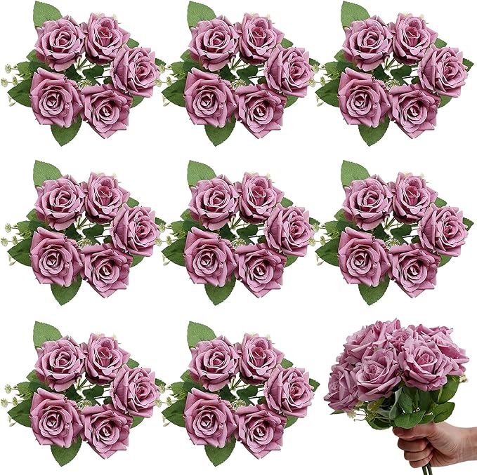 Purple Roses Artificial Flowers - 8 Bundles Fake Silk Rose Flower Realistic Faux Florals Bulk for Wedding Bridal Party Baby Shower Event Home Arrangements Centerpieces Decor (Dusty Purple)