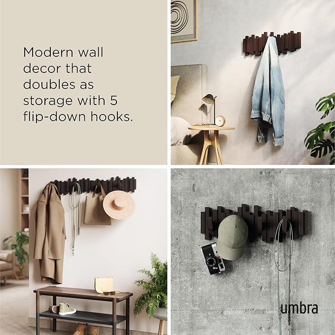 Umbra Sticks Wall-Mounted Coat Rack Rail Hook with 5 Retractable Pegs – Modern, Space-Saving Storage Organizer, Espresso