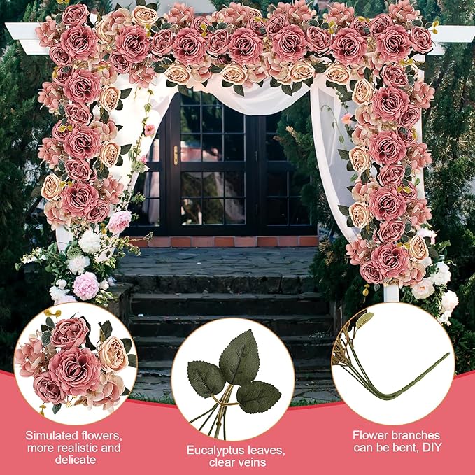 Peony Artificial Flowers, Faux Peonies Hydrangea Eucalyptus Bouquet 12 Packs Silk Vintage Realistic Peony Floral Arrangement for Wedding Centerpiece Table Vase Home Party Decor-Dusty Pink