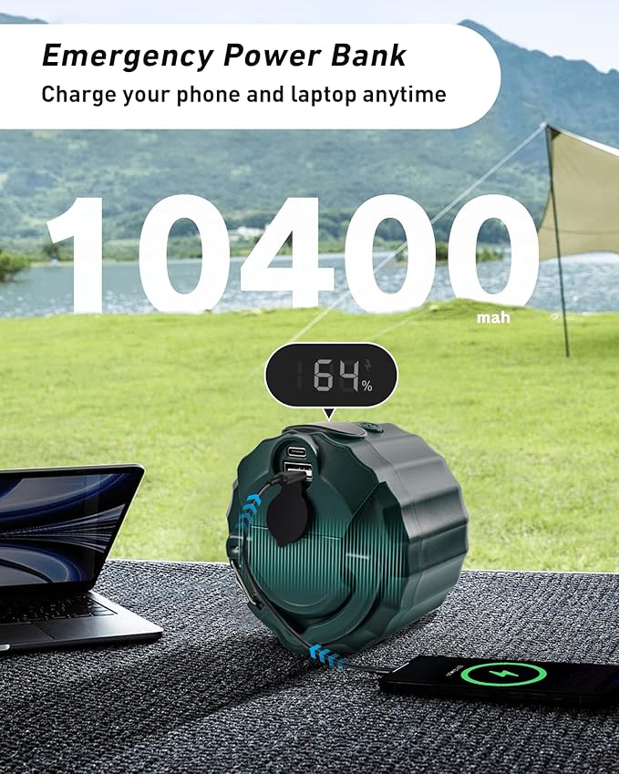 DUKUSEEK Tent Ceiling Fans for Camping, 10400mAH Large Capacity Portable Hanging Tent Fans with Light and Remote Control, USB Battery Operated Camping Fan for Canopy Tent Beach army green
