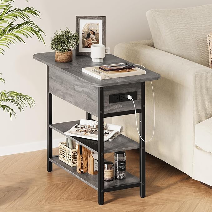 Yoobure End Table with Charging Station, Flip Top Side Table with USB Ports and Outlets, Sofa Couch Table Bedside Table for Living Room Bedroom, Narrow Nightstand with Storage Shelves for Small Space