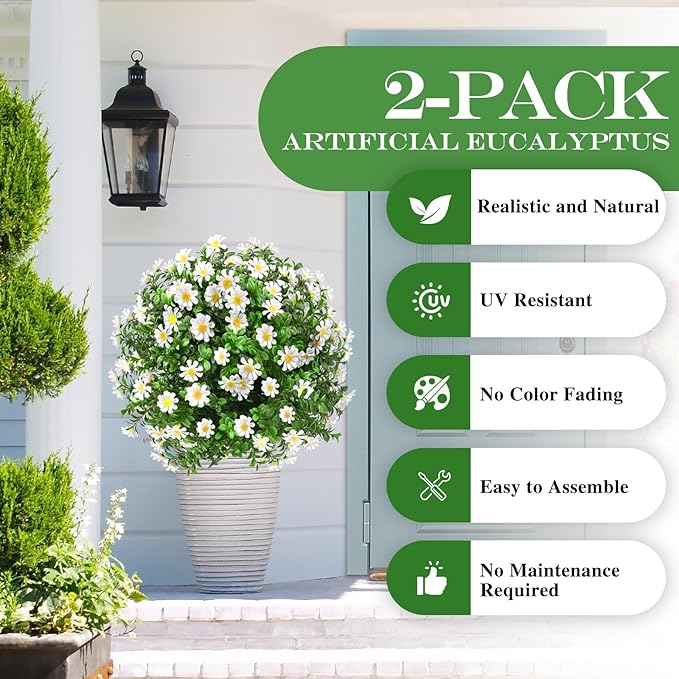 23" Set of 2 Artificial Boxwood Topiary Ball with Sunflower Flowers with Spikes for Outdoor, UV Resistant Faux Greenery Shrubs, Realistic Fake Bushes Plants for Garden, Yard, Front Porch, Patio Decor