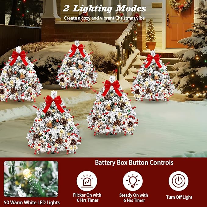 Lewondr Set of 2 Prelit Pathway Christmas Trees, 27.56" Outdoor Christmas Tree with 50 LED Lights, Pine Cones Red Berries, Battery Operated Outdoor Xmas Decor for Yard Home Porch, White Snowflake