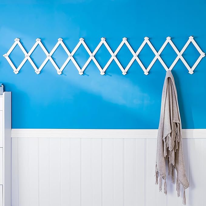 SKOLOO Accordion Wall Hanger with 28 Hooks, Modern Expandable Coat Rack Hat Rack for Wall, Solid Wooden, White