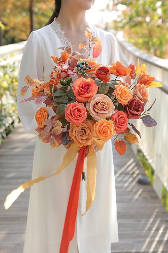 Orange Artificial Flowers Combo Box Set Fall Silk Flowers Fake Rose for DIY Floral Arrangements Wedding Bouquets Centerpieces Baby Shower Party Home Decorations
