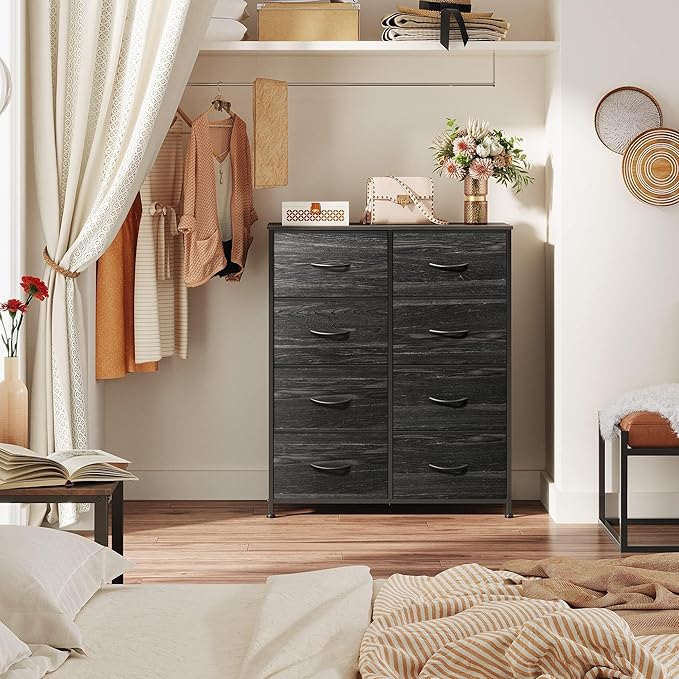 WLIVE Fabric Dresser for Bedroom, Tall Dresser with 8 Drawers, Storage Tower with Fabric Bins, Double Dressers, Chest of Drawers for Closet, Living Room, Dormitory, Charcoal Black Wood Grain Print