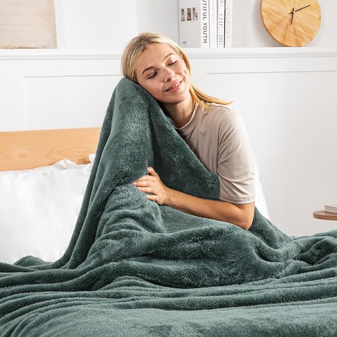 Exclusivo Mezcla Plush Fuzzy Fleece Bed Blanket Queen Size, Super Soft, Fluffy and Warm Blankets Suitable for All Seasons (Celadon, 90x90 Inches)