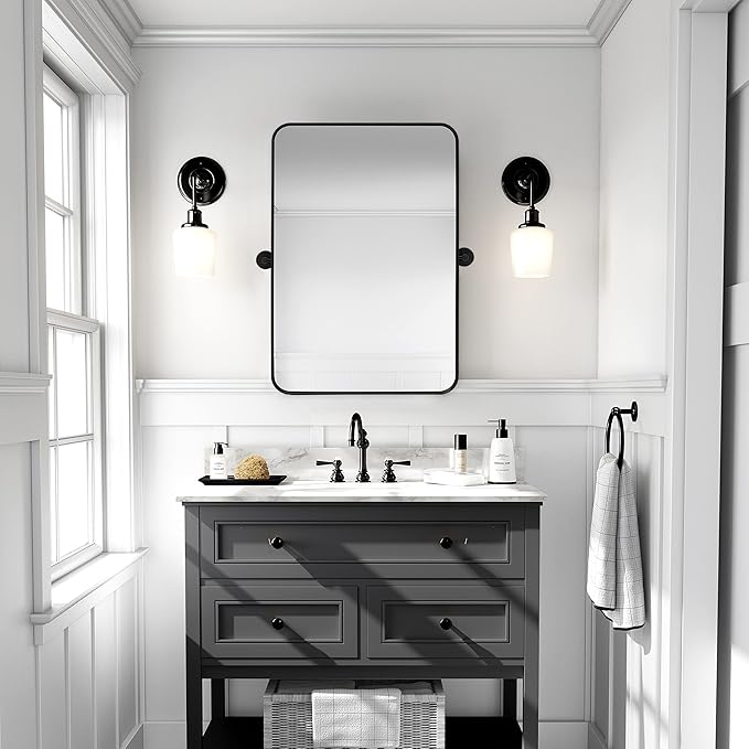 28" x 36" Pivot Rectangle Bathroom Mirror Tilting Beveled Black Metal Framed Vanity Mirrors for Wall, Tempered Glass