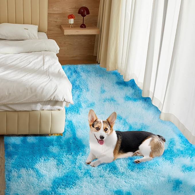 Ultra Soft Rug for Living Room, 5X8 Fluffy Shag Area Rug for Bedroom, Modern Shaggy Carpets Fuzzy Rug for Teens Dorm Nursery Home Decor Aesthetic, Upgrade Anti-Skid Durable, Tie-Dyed Blue