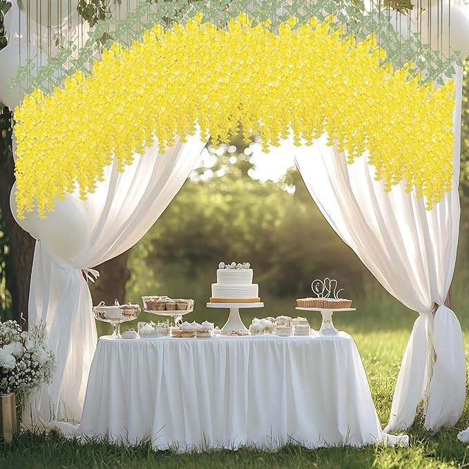 mizii 6Pcs Yellow Wisteria Hanging Flowers 48" Silk Wisteria Artificial Flowers Garland Vines Fake Hanging Flowers Decoration for Wedding Flower Wall Backdrop Centerpieces Party Room Decor (Yellow)