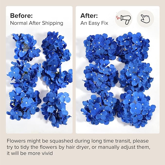 Auihiay 64PCS Royal Blue Hydrangea Artificial Flowers, Silk Hydrangea Heads with Stems, Fake Flowers for DIY Wedding Centerpiece, Home, Party, Baby Shower, Garden Decoration