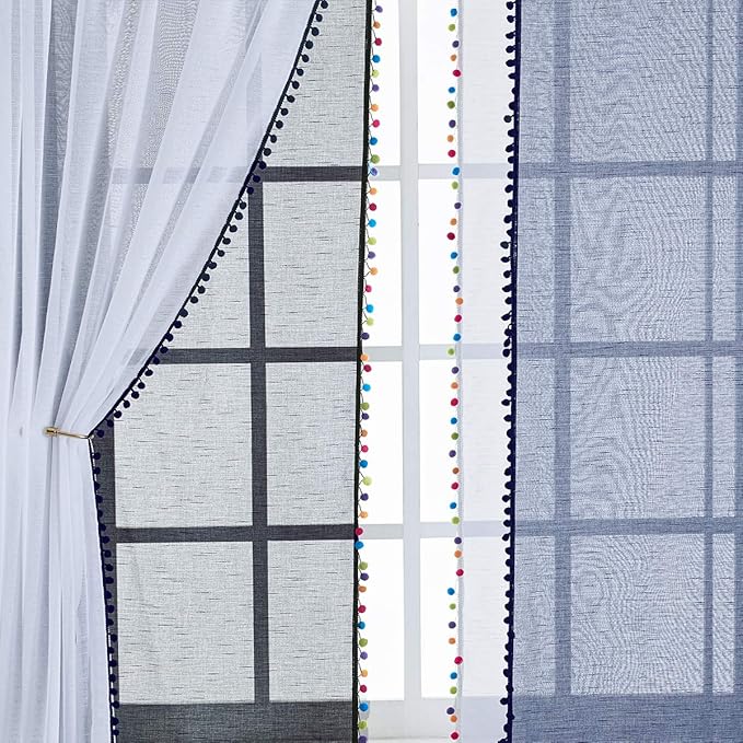 Treatmentex White Linen Sheer Curtains for Living Room 95" Long Colorful Pompoms Kids Window Draperies for Nursery Room Baby Voiles 2 Panels