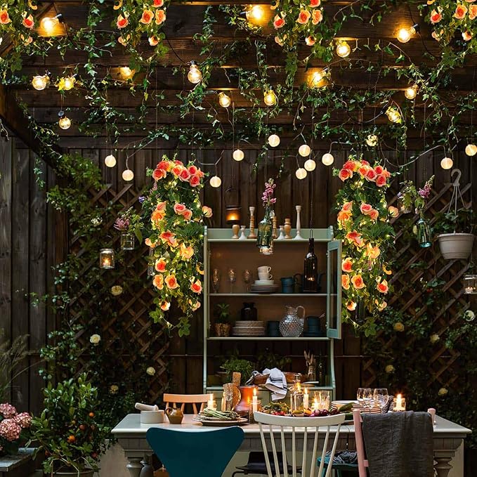 RECUTMS 2pcs Artificial Hanging Plants 32 in Fake Plant Ivy Vine Outdoor UV Resistant Plastic (Champagne)