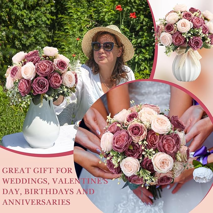 Geosar 8 Bundles Artificial Peonies Flowers Fake Silk Peony Bouquet Faux Peonies Flowers Bulk for Decoration Vase Floral Arrangements Wedding Party Table (Dusty Pink,Dusty Rose)