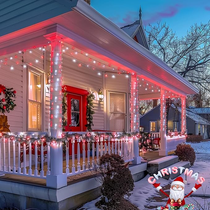 JMEXSUSS 2 Pack Red and White Battery Christmas Lights, Each 33ft 100 LED Battery Powered String Lights with Remote for Tree Patio Yard House Party Birthday Outside