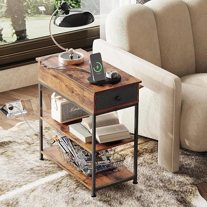 WLIVE Narrow Side Table with Charging Station, Couch Side Table for Living Room, Narrow End Table for Bedroom with Fabric Drawer, USB Ports and Power Outlets, Samll Nightstand Tables, Rustic Brown
