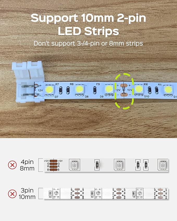 JACKYLED 10mm 2-Pin LED Strip Connectors for LED Strip Lights, Total 22Pcs Corner Connectors Kit for Unwired Gapless Solderless Adapter Extension - 10mm 2pin 10 Pack