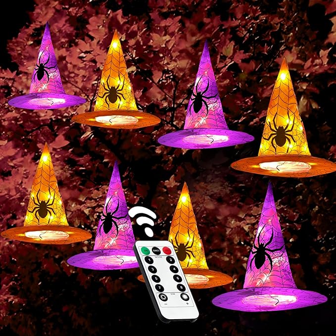 Twinkle Star 8 Pcs Lighted Hanging Witch Hats, Halloween Decorations Lighted Witch Hats with Remote Control String Lights, Battery Powered with 8 Lighting Modes for Garden, Yard, Tree