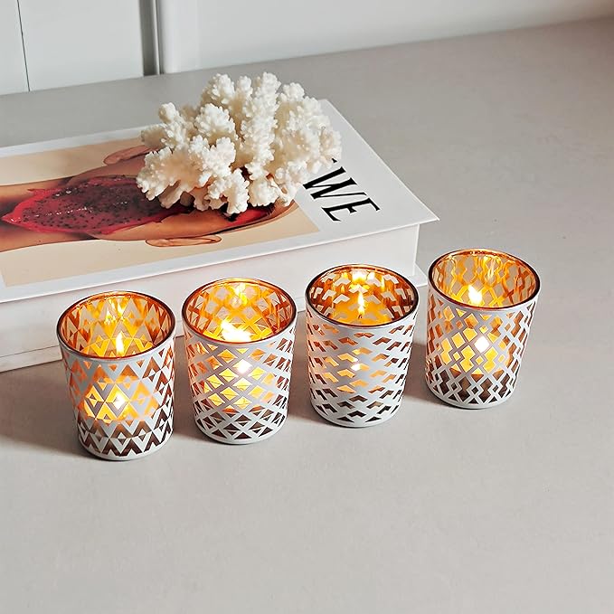 SHMILMH White and Gold Votive Candle Holders Set of 12, 4 Patterns Frosted Glass Tea Lights Candle Holders for Birthday Party Wedding Table Centerpiece Halloween