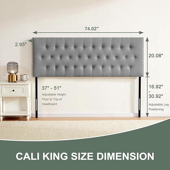 Tufted Upholstered Headboard California King Size, Solid Wood Head Board with Durable Metal Legs, Adjustable Height Bed headboard from 37” to 51” Fabric Headboard in Button Design, Grey