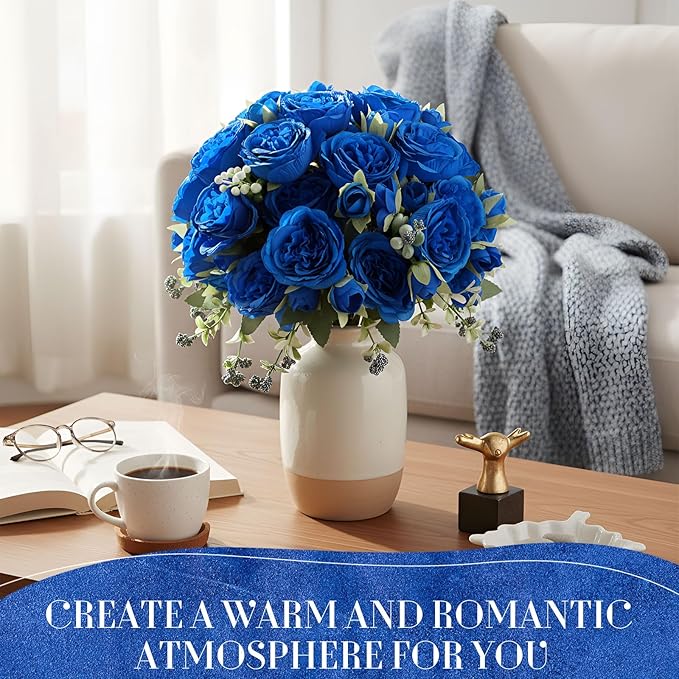Geosar 16 Bundles Artificial Peonies Flowers Fake Silk Peony Bouquet Faux Peonies Flowers Bulk for Decoration Vase Floral Arrangements Wedding Party Table (Royal Blue)