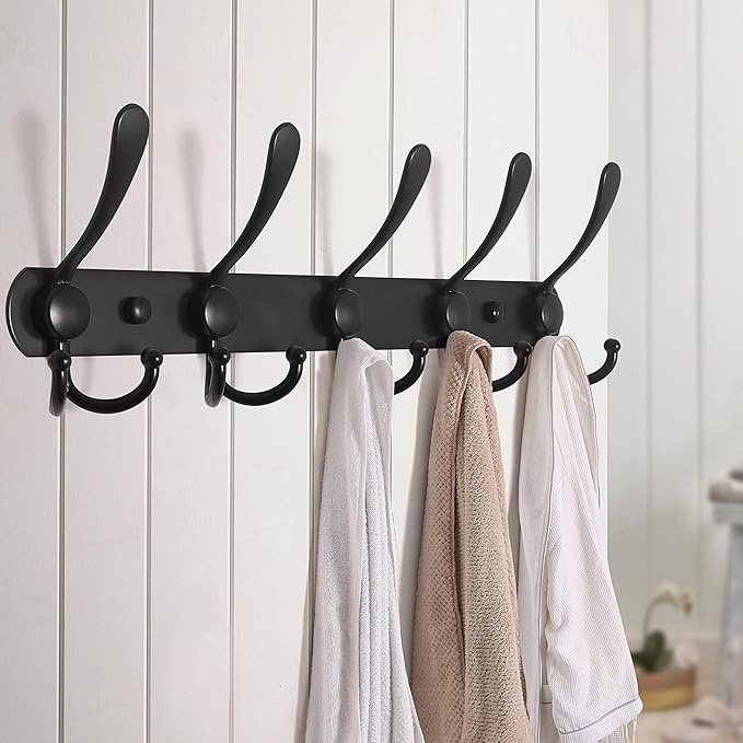 Dseap Coat Rack Wall Mounted - 5 Tri Hooks, Heavy Duty, Stainless Steel, Metal Coat Hook Rail for Coat Hat Towel Purse Robes Mudroom Bathroom Entryway,Black