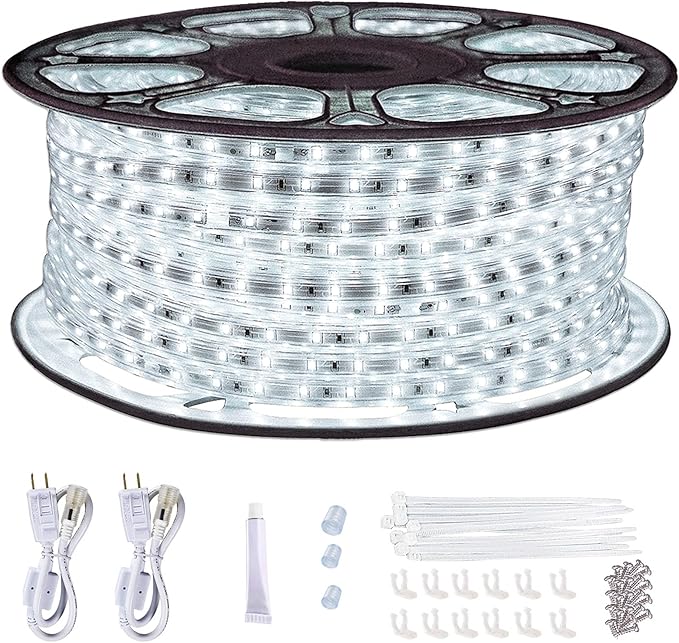 SURNIE 150ft LED Rope Lights Outdoor Waterproof: 110V Daylight White Dimmable Flat Strip Light 6500K Cuttable Connectable for Stairs Deck Backyards Commercial Indoor Outdoor Lighting, Not Tube Rope