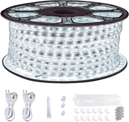 SURNIE 150ft LED Rope Lights Outdoor Waterproof: 110V Daylight White Dimmable Flat Strip Light 6500K Cuttable Connectable for Stairs Deck Backyards Commercial Indoor Outdoor Lighting, Not Tube Rope