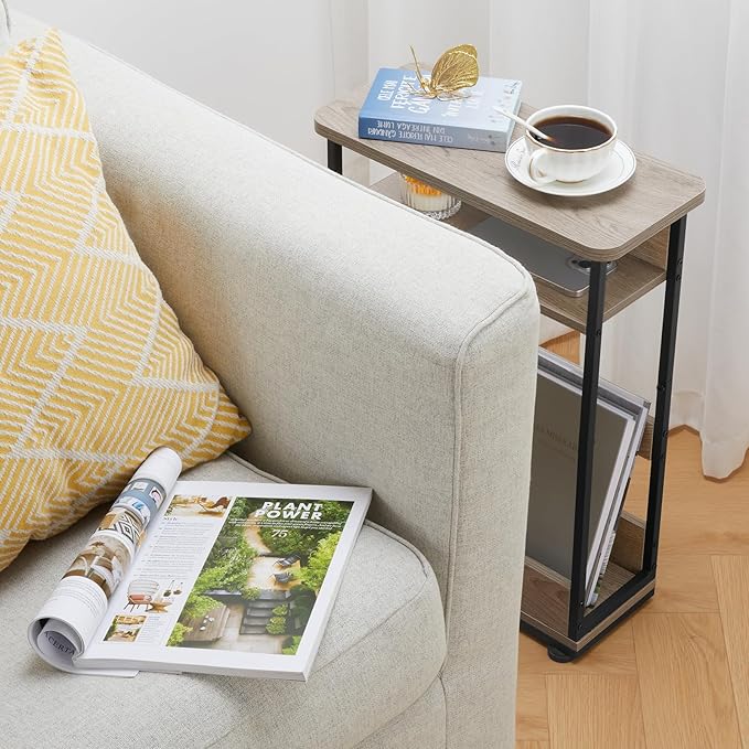 Narrow Side Table,3-Tier Slim End Table with Storage Shelf,Modern Sofa Table Thin Side Table for Narrow and Small Spaces, Skinny Bedside Table Small Nightstand with Magazine Rack Space Saving/Oak