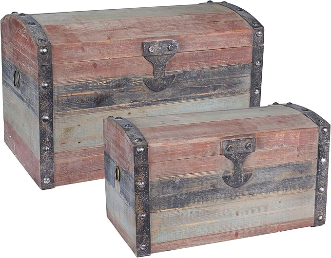 Household Essentials Wooden Storage Trunk Set, Large and Small Domed Chest, Weathered Wood with Paint Finish, Hinged Lid with Metal Accents