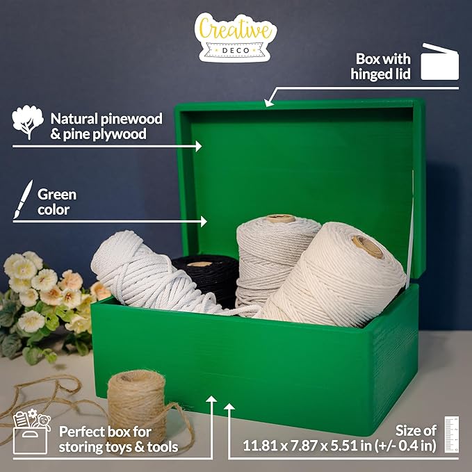 Large Green Wooden Box Storage with Hinged Lid | 11.8 x 7.87 x 5.51 inches (+-0.5) | Gift Box Storage | Product NOT Intended for 15 Years OR Below