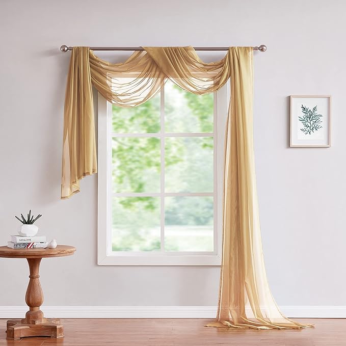 LinenZone Gold Window Scarf Valance in 360 Inch Size. Use Window Scarves as Canopy Bed or Backdrop Curtains, Curtain Scarf, or Sheer Fabric for Draping. (Amazing 55 x 360, Gold)