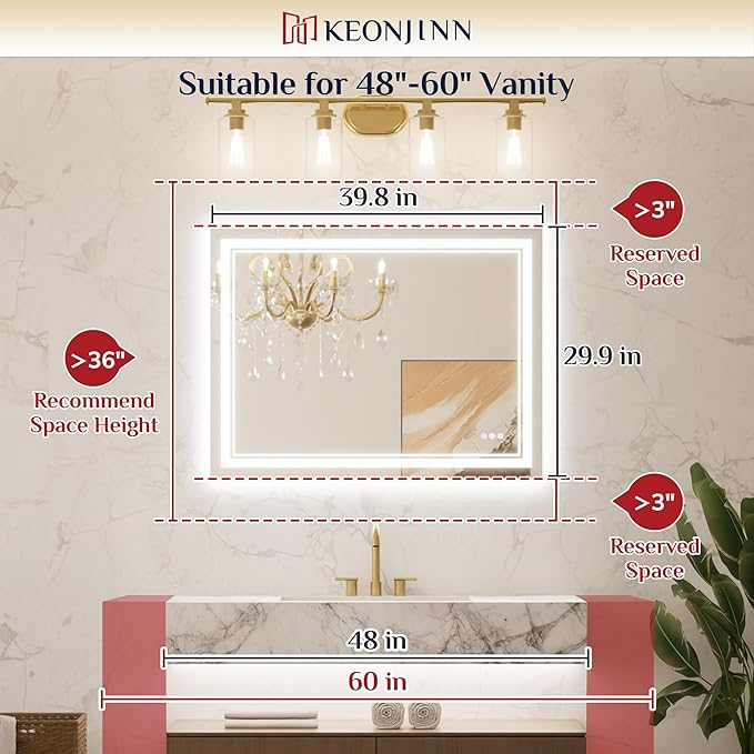 Keonjinn LED Bathroom Mirror 40x30 Inch with Frontlit and Backlit, Stepless 3 Colors Temperature & Dimmable Wall Mirror, UL Listed LED Driver, Anti-Fog, Double Lights, Frameless Bathroom Vanity Mirror