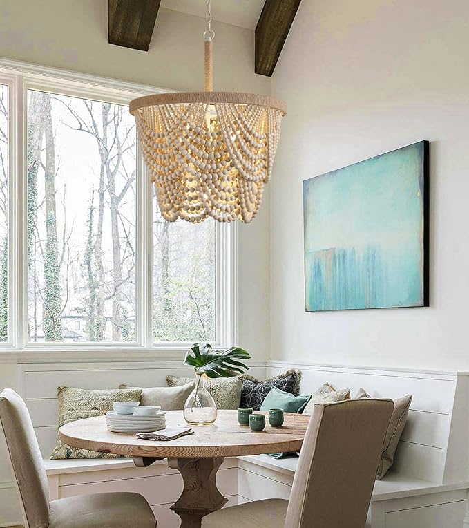Q&S Boho Wood Beaded Chandelier,Farmhouse Coastal Large Bohemia 5 Lights for Dining Room Kitchen Living Room Entryway Foyer Hotel W19.9 UL Listed