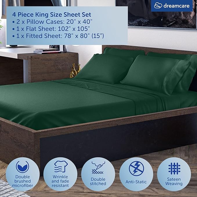 DREAMCARE King Size Sheets Set - Cooling Bed Sheets - 4pcs Set - up to 15" Deep Pocket King Sheet Set – Soft & Long Lasting Cooling - 100% Fine Brushed Microfiber with Side Pocket - Emerald Green