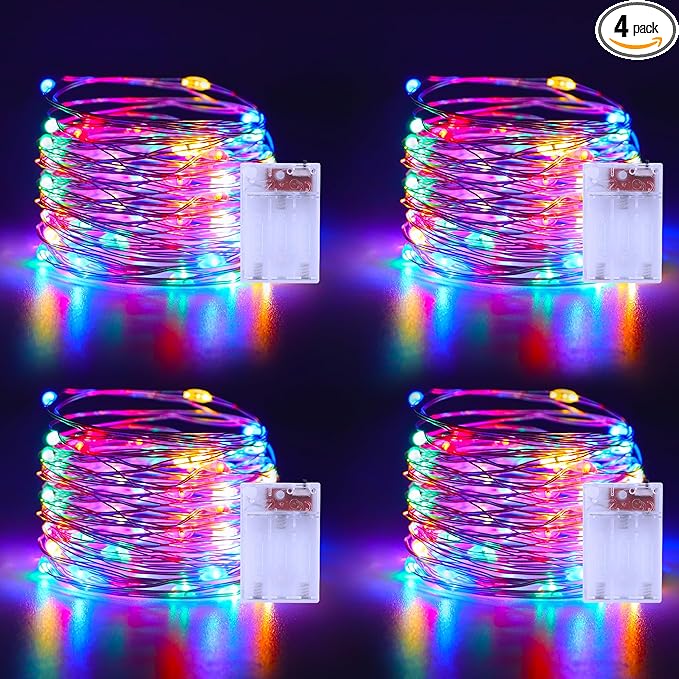 Christmas Multicolor Fairy Lights Battery Operated 4 Pack 16.4Ft 50 LEDs Silver Copper Wire Twinkle Lights for Halloween Bedroom Indoor Outdoor Wedding Dorm Parties Holiday Yard Decorations