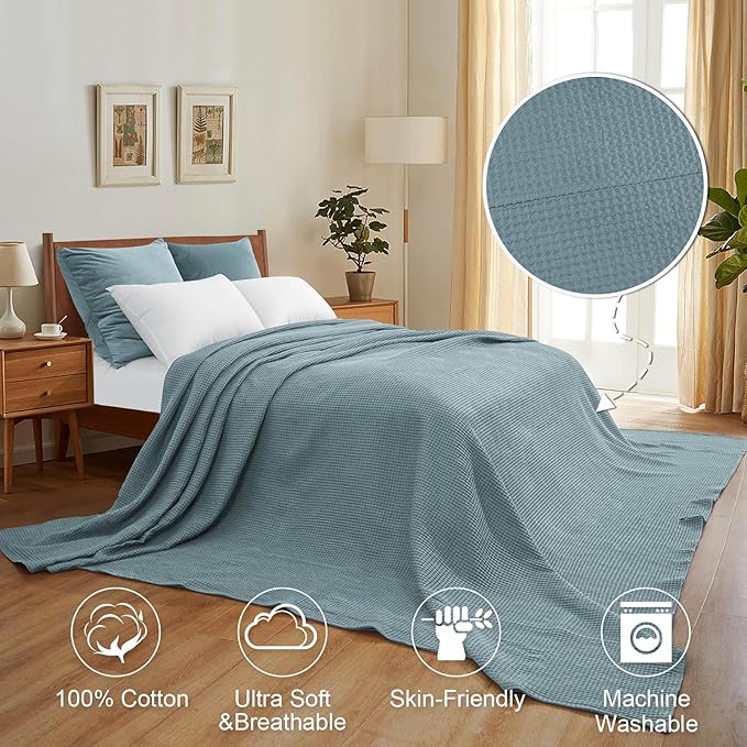 PHF 100% Cotton Waffle Weave Family Blanket,Oversized King Size 120"x 120"-Pre-Washed Snag Proof Lightweight Breathable Moisture-Wicking, 10'x 10' Huge Extra Large Big,Home Decoration Gift-Ocean