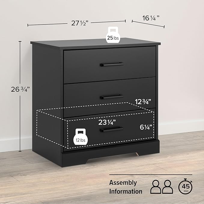 Prepac Rustic Ridge Farmhouse Nightstand Bedside Table, Black Nightstand for Bedroom, End Table with 3 Drawers 16.25"D x 27.5"W x 26.75"H