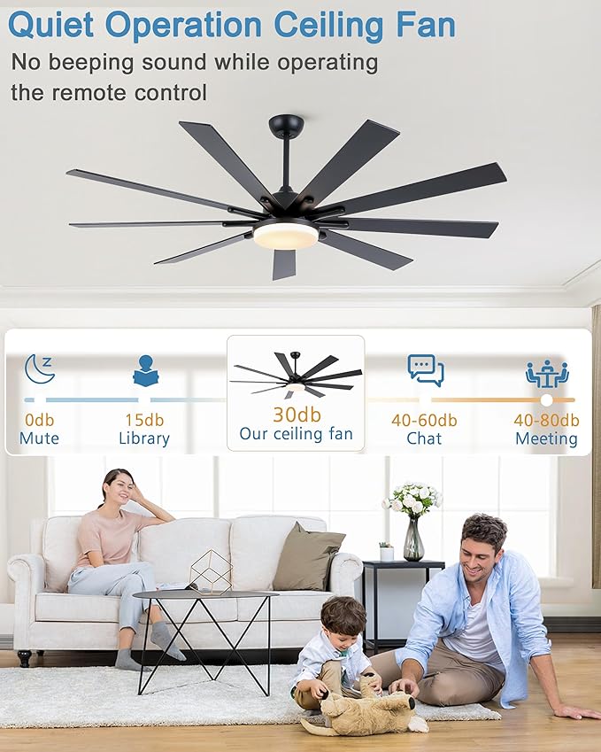 72 Inch Ceiling Fans with Lights,Large Modern Ceiling fan with Remote and 9 Wooden Blades,Dimmable,6 Speeds,Noiseless Reversible Indoor&Outdoor Fan for Bedroom,Patio,Living Room