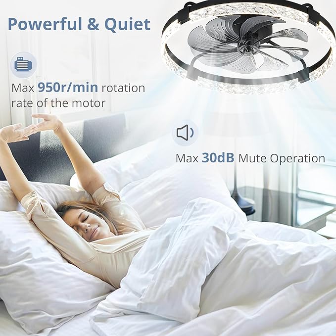 LEDIARY 24 Inch Ceiling Fans with Lights and Remote, Modern Dimmable Low Profile Ceiling Fan, Black Flush Mount Ceiling Fan with 3 CCT and 6 Speeds