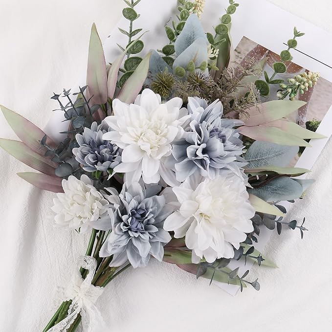 2 Pcs Fake Artificial Flowers Bouquet for Decoration, Silk Flower Arrangements Faux Flowers Plant Wedding Bride Bouquets Tables Centerpieces for Home Decor Indoor Vase Floral Table Decor (Blue White)