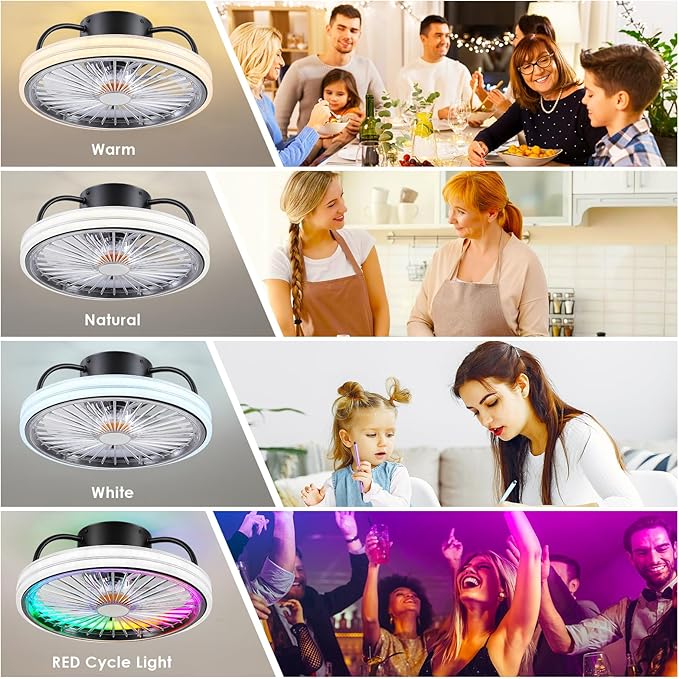 Low Profile Ceiling Fan with Light - Modern Flush Mount Ceiling Fan,15" RGB Dimmable LED Enclosed Ceiling Fans,Modern Bladeless LED-RGB Ambient Light for Bedroom Kids Room Party（Black）