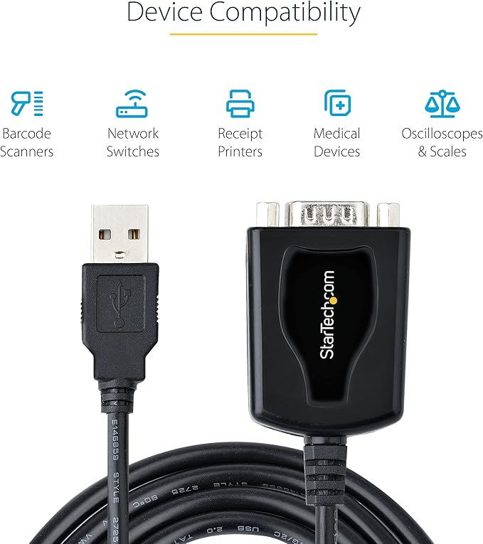 StarTech.com 3ft (1m) USB to Serial Cable with COM Port Retention, DB9 Male RS232 to USB Converter, USB to Serial Adapter for PLC/Printer/Scanner, Prolific Chipset, Windows/Mac (1P3FPC-USB-SERIAL)