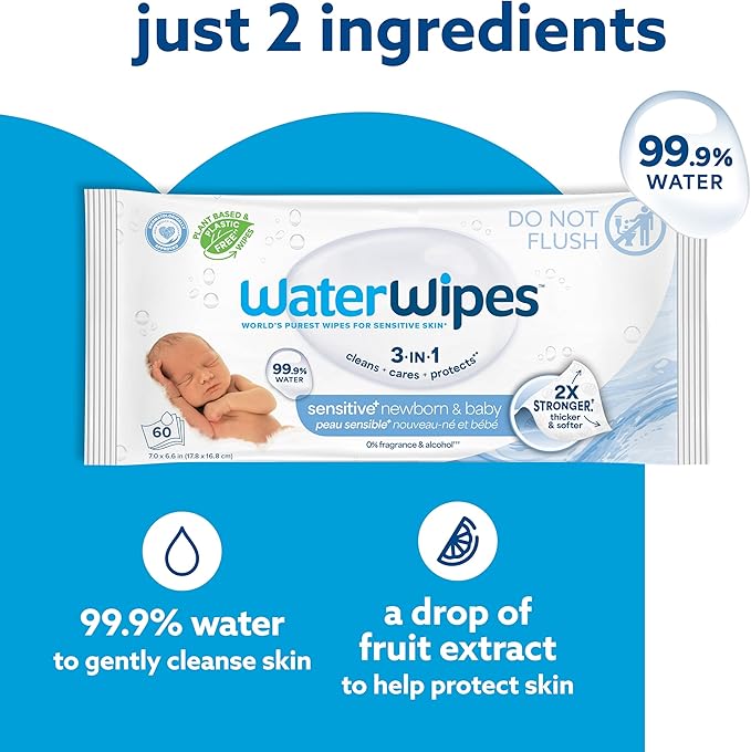 WaterWipes Sensitive+ Newborn & Baby Wipes, 3-In-1 Cleans, Cares, Protects, 99.9% Water, Unscented & Hypoallergenic, 240 Count (4 Packs)