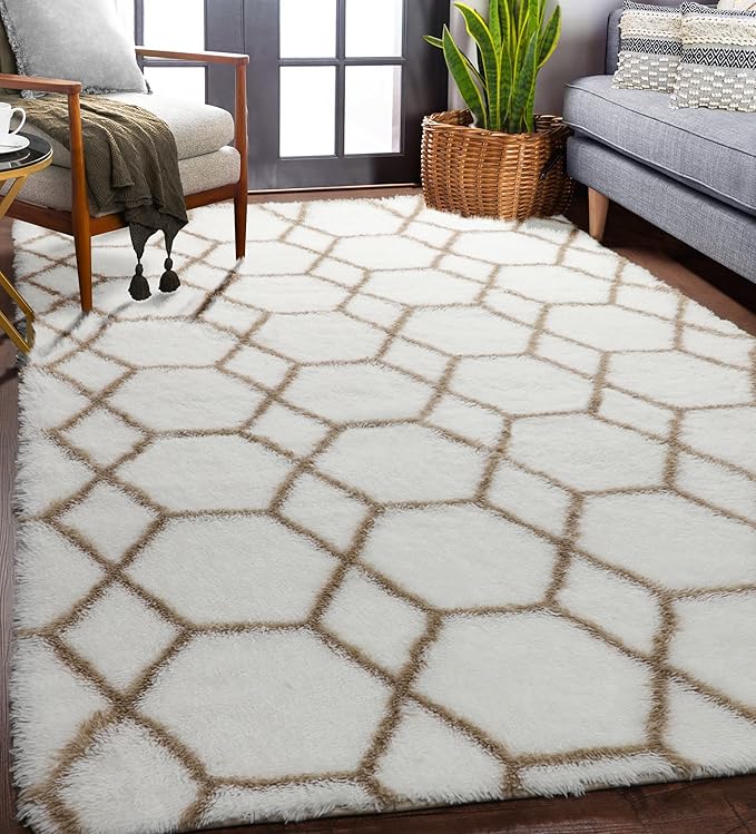 ONASAR Rugs for Living Room Bedroom, 5x8 Washable Fluffy White and Beige Area Rug, Geometric Boho Soft Plush Shaggy Floor Carpet Mat for Nursery Kids Girls Boys Teen Dorm Home Decor Aesthetic