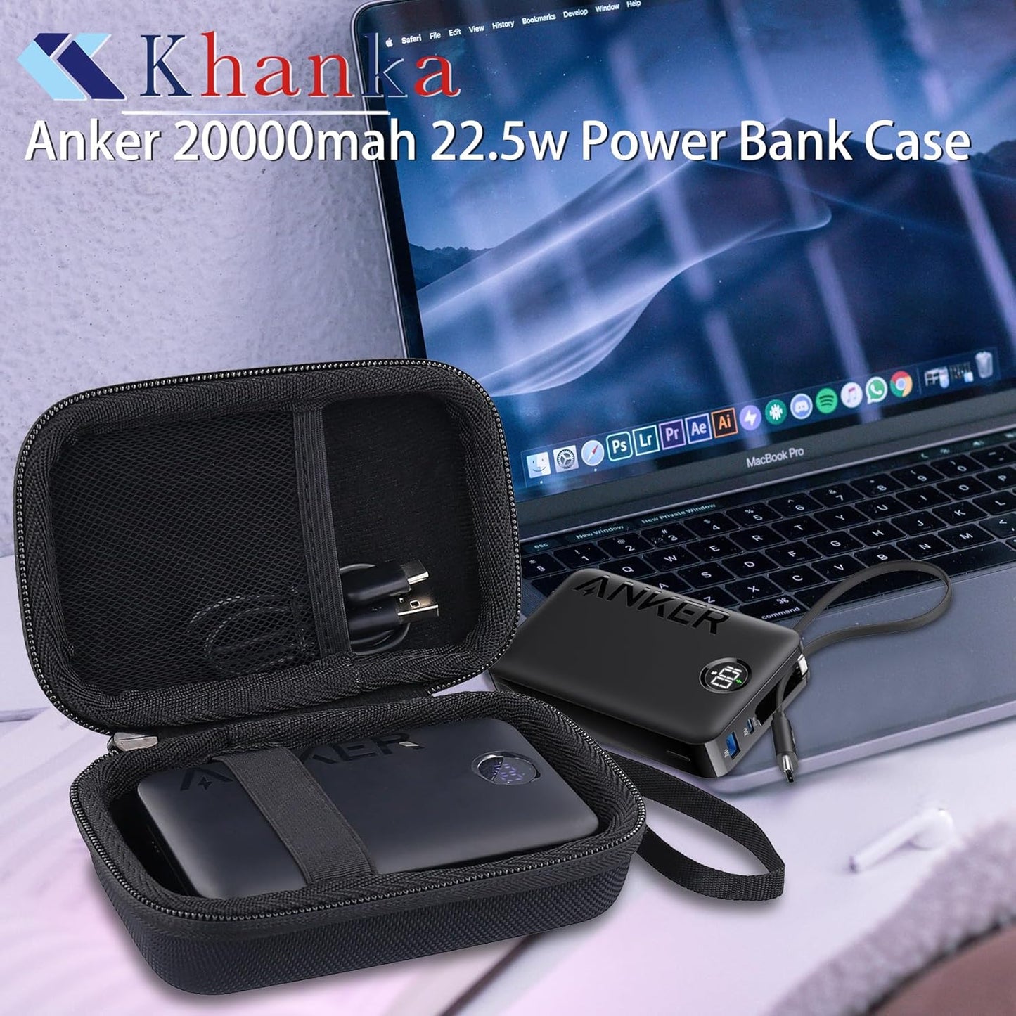 khanka Hard Case for Anker 20,000mAh Portable Charger, 22.5W High-Speed Power Bank with Built-in USB-C Cable